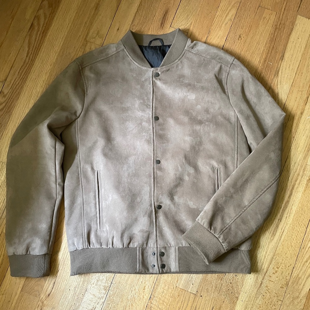 New Look Men’s L Tan Faux Suede Snap Baseball Bomber Jacket